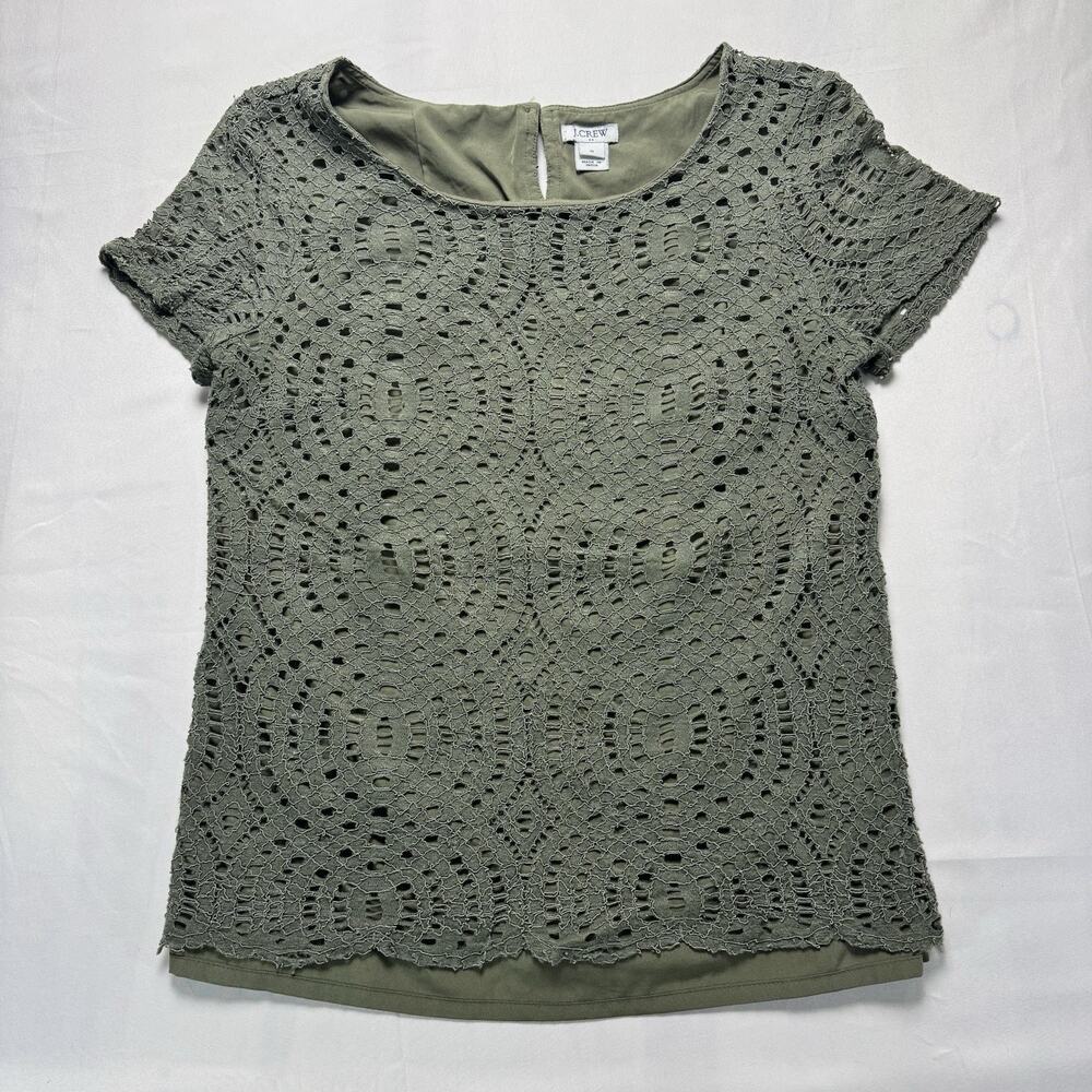 J. Crew Lace Short-Sleeved Tee Olive Green Size 0 Back Keyhole with Button